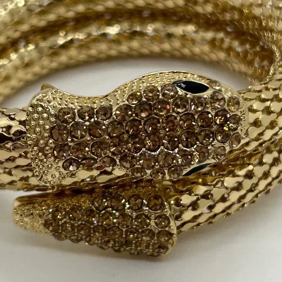 Gold-Tone Memory Wire Snake Bracelet With Black Eyes & Rhinestone Accents - Picture 5 of 10